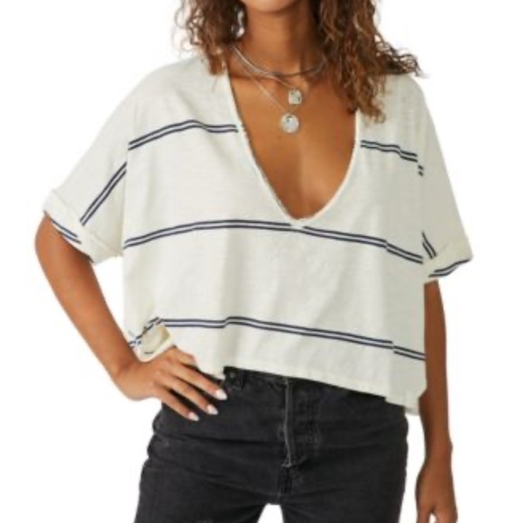 We the free Jaydon Striped deep V-Neck cropped White Tee XL - Picture 1 of 10